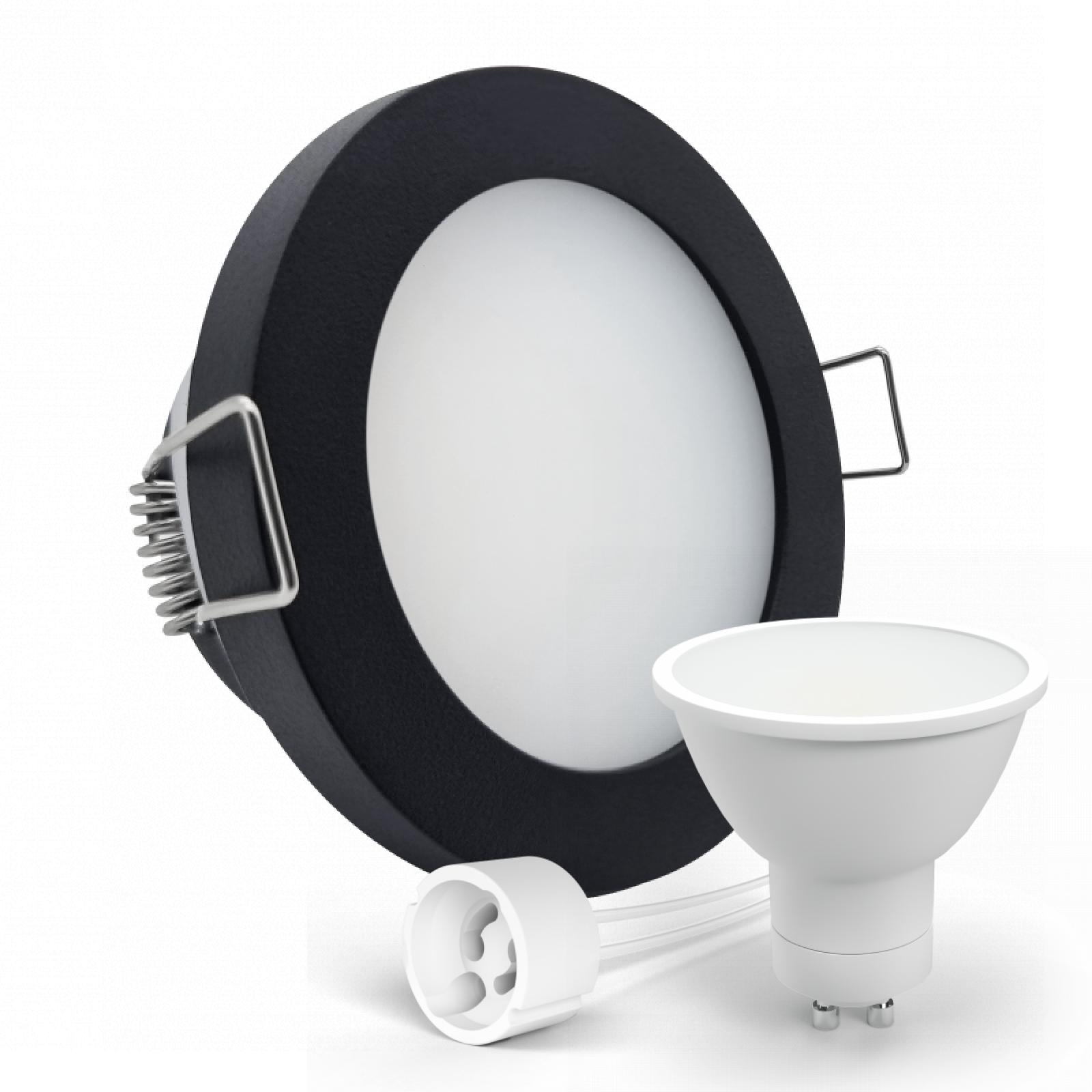  LED Deckenspot Feuchtraum IP44 schwarz rund Einbaudurchmesser Ø 60mm - 75mm Tiefe 64mm Fassung 1,2W LED Lichtfarbe warmweiß GU10 230V